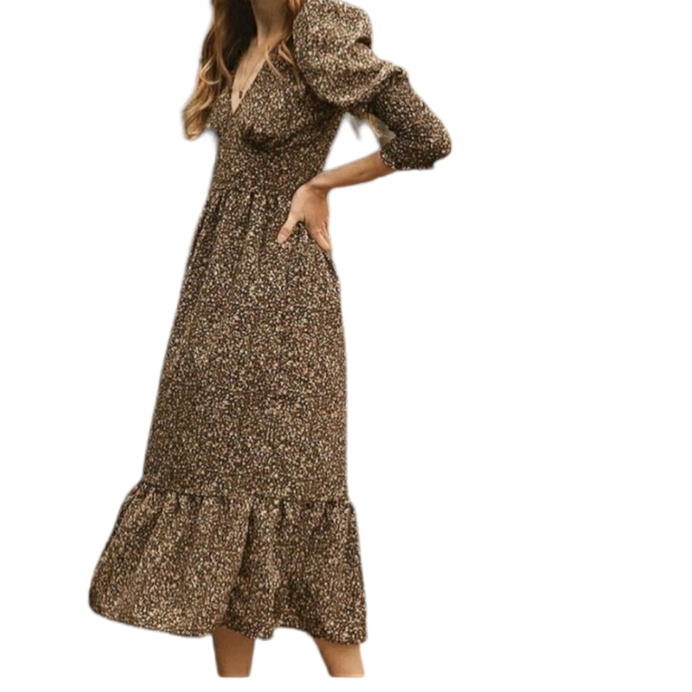 Les femmes vetiver  brown cottage  coremidi floral dress lemon print  si…
